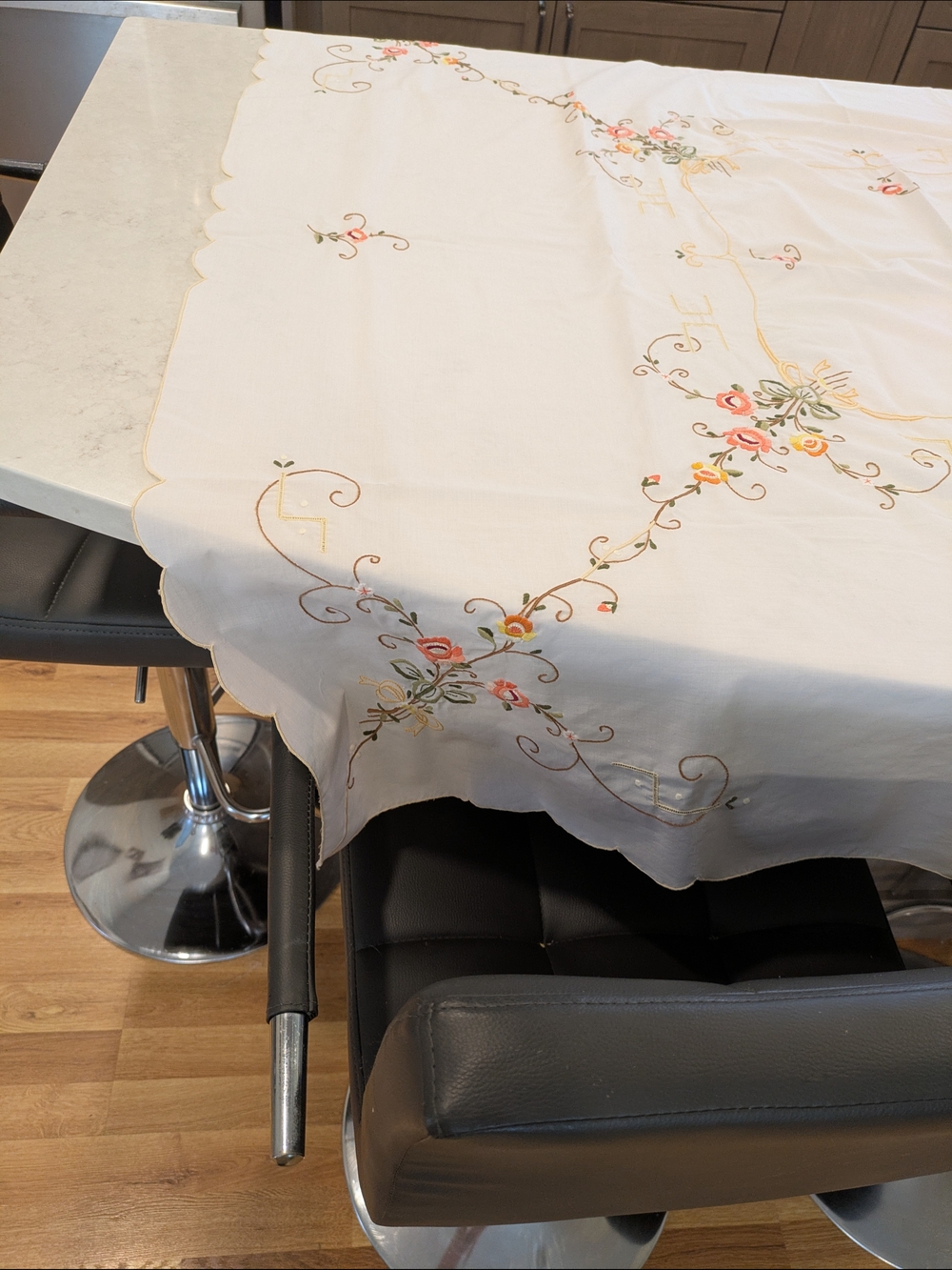 Embroidered Floral White Tablecloth with Peach Accents 51" x 51"